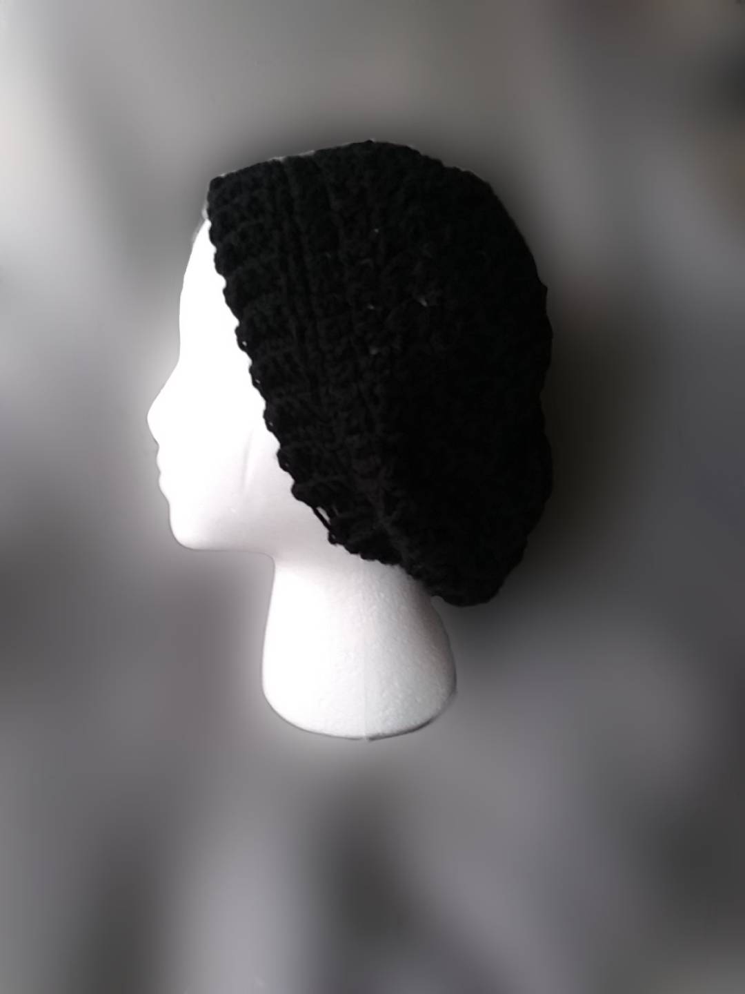 Black Cluster Slouch Beanie, Men's and Women's Crochet Hat, Side View Custom Crochet by Half-Cracked Guru