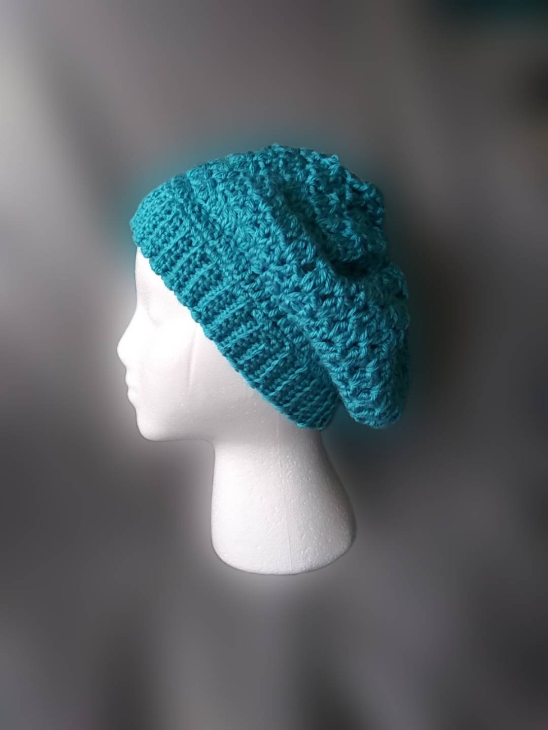 Blue Slouch Beanie, Men's and Women's Crochet Hat, Side Custom Crochet by Half-Cracked Guru