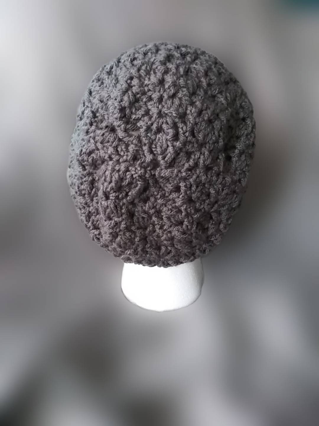 Gray Cluster Slouch Beanie, Men's and Women's Crochet Hat, Back, Custom Crochet by Half-Cracked Guru