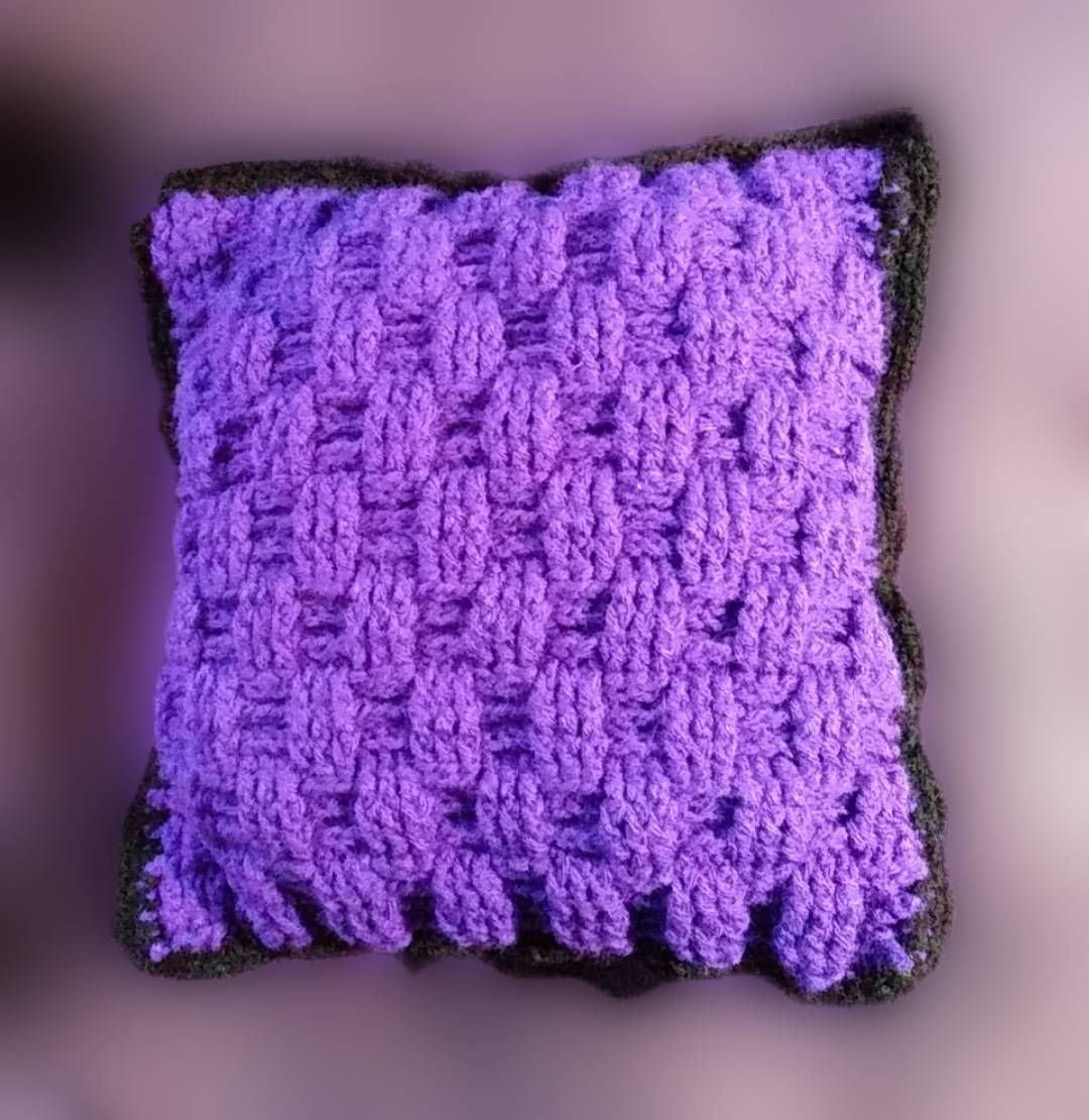 Purple and Black Sweet Dreams Crochet Pillow with Pocket, Custom Crochet by Half-Cracked Guru