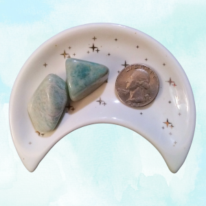 Amazonite Healing Crystal, Tumbled, 1 Stone, ft image 2 light bluish stones in moon shaped dish, light background