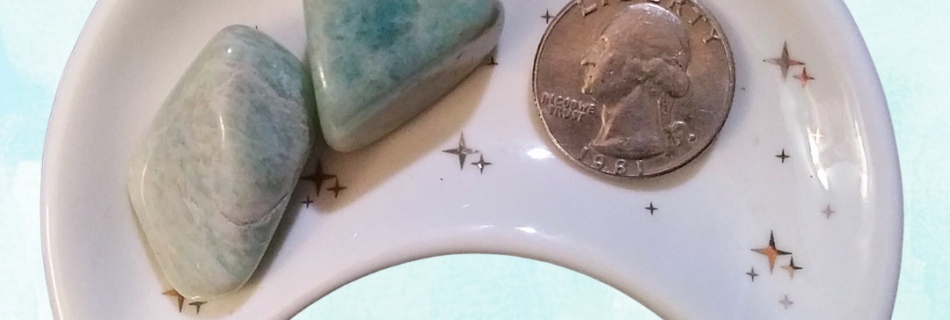 Amazonite Healing Crystal, Tumbled, 1 Stone, ft image 2 light bluish stones in moon shaped dish, light background