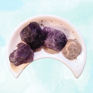 Amethyst Healing Crystal, Raw, 1 Stone, ft image with 3 stones in moon shaped dish on a light background