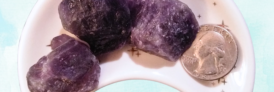 Amethyst Healing Crystal, Raw, 1 Stone, ft image with 3 stones in moon shaped dish on a light background
