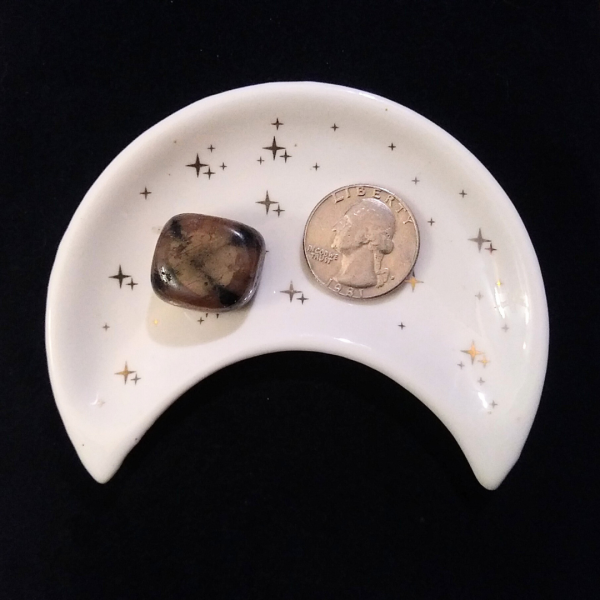 Andalusite Healing Crystal (Chiastolite), Tumbled, 1 Stone in moon-shaped dish on black background