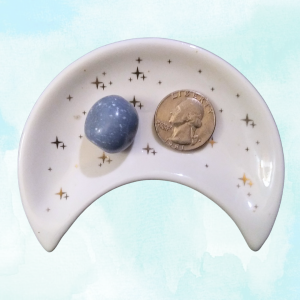 Angelite Healing Crystal, Tumbled, 1 Stone, ft image in moon-shaped dish on light background