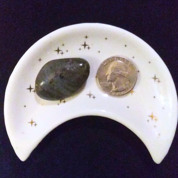 Labradorite Healing Crystal, Tumbled, 1 Stone in moon-shaped dish on black background