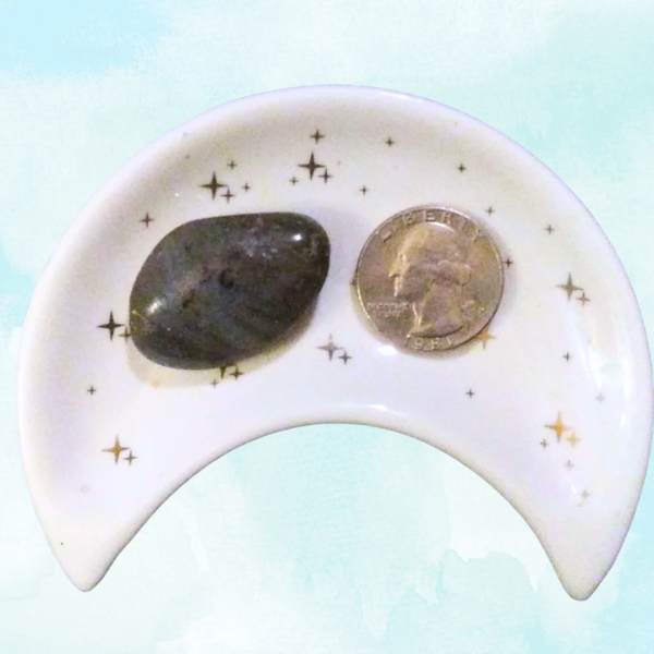 Labradorite Healing Crystal, Tumbled, 1 Stone in moon-shaped dish on light background