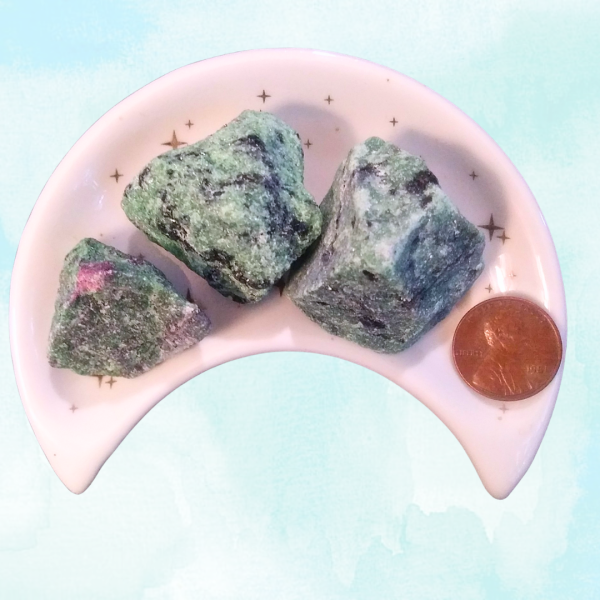 Ruby Zoisite Healing Crystal, Raw, 1 Stone, stones in moon-shaped dish, light background