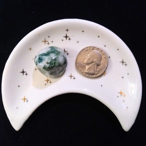 Tree Agate Healing Crystal, Tumbled, 1 Stone in moon-shaped dish on black background