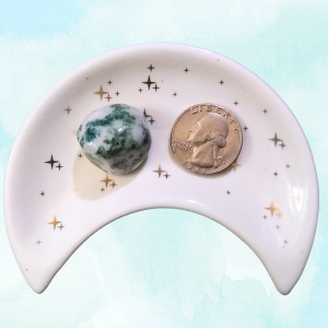 Tree Agate Healing Crystal, Tumbled, 1 Stone in moon-shaped dish on light background