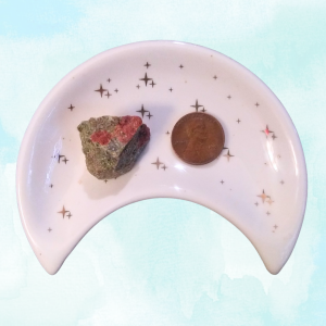 Unakite Healing Crystal, Raw, 1 Stone in moon-shaped dish on light background