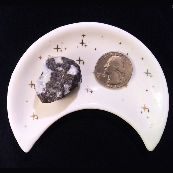 Zebra Jasper Healing Crystal, Raw, 1 Stone in moon-shaped dish on black background