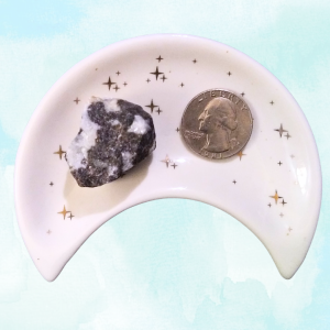 Zebra Jasper Healing Crystal, Raw, 1 Stone in moon-shaped dish on light background
