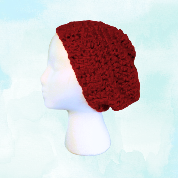 Luxurious Two Toned Red Winter Set Hand Crocheted & Sustainable, hat side view