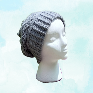 Comfy Gray Textured Slouch Beanie Handmade & Unisex, profile view