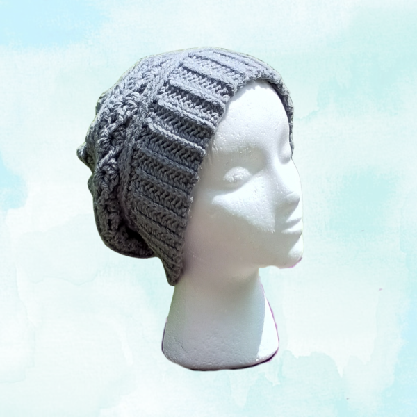 Comfy Gray Textured Slouch Beanie Handmade & Unisex, profile view