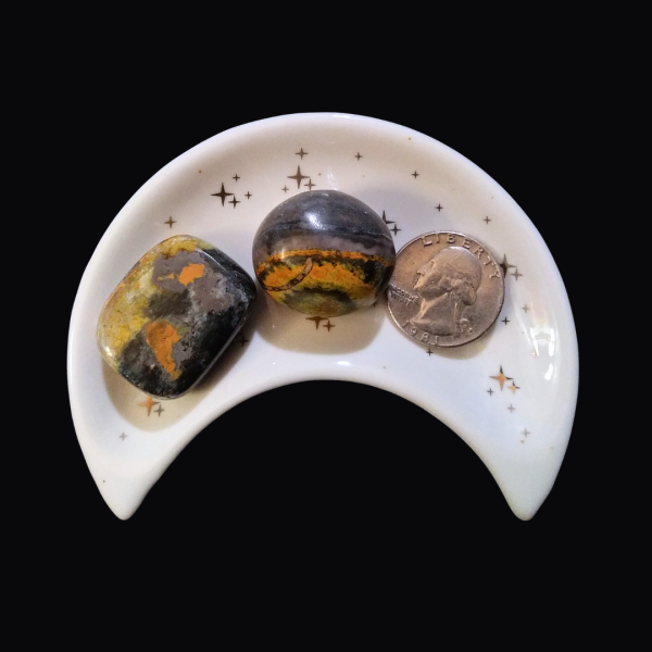 Bumblebee Jasper Healing Crystal, Tumbled, 1 Stone, stones in moon-shaped dish on black background