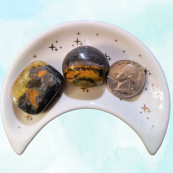 Bumblebee Jasper Healing Crystal, Tumbled, 1 Stone, stones in moon-shaped dish on light background