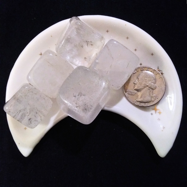 Clear Quartz Healing Crystal, Cube, 1 Stone, 5 stones in moon-shaped dish on black background