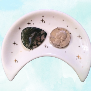 Moss Agate Healing Crystal, Guitar Pick, 1 Pick in moon-shaped dish on light background