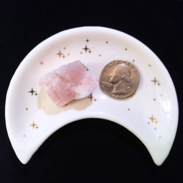 Rose Quartz Healing Crystal, Rough, 1 Stone in moon-shaped dish on black background