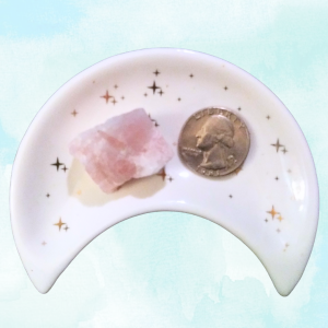 Rose Quartz Healing Crystal, Rough, 1 Stone in moon-shaped dish on light background