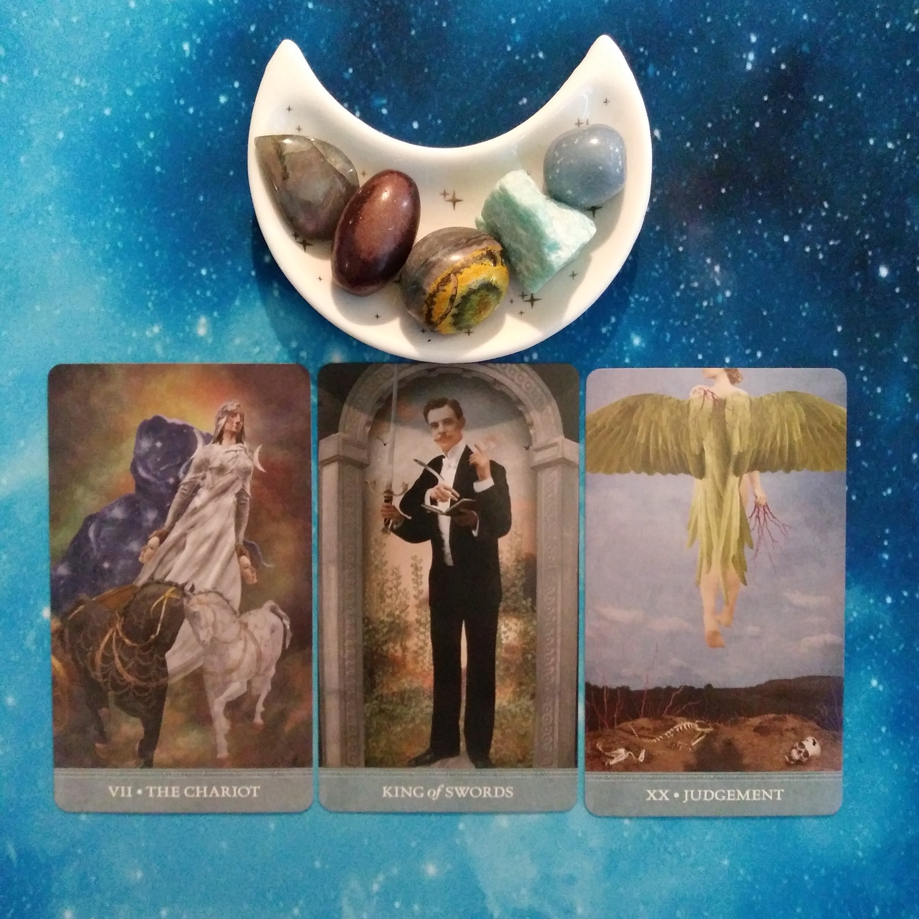 Your Mindset Creates Your Reality ~ A Message From the Universe - 3 Dreamkeepers Tarot cards and crystals on a starry blue background