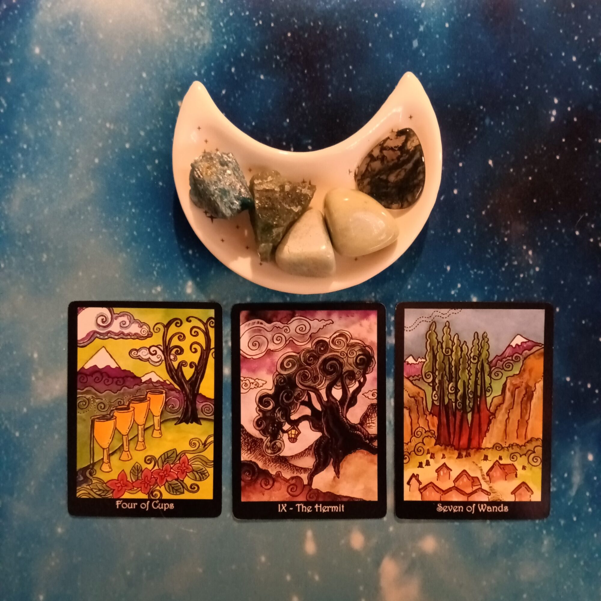 Social Anxiety and Avoidance ~ A Message From the Universe, Tarot of Trees Cards and crystals on a starry blue background