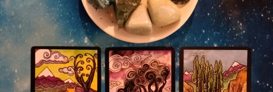 Social Anxiety and Avoidance ~ A Message From the Universe, Tarot of Trees Cards and crystals on a starry blue background