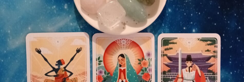 A Pleasant Surprise ~ A Message From the Universe, 3 Tarot of the Divine cards and crystals on a starry blue background