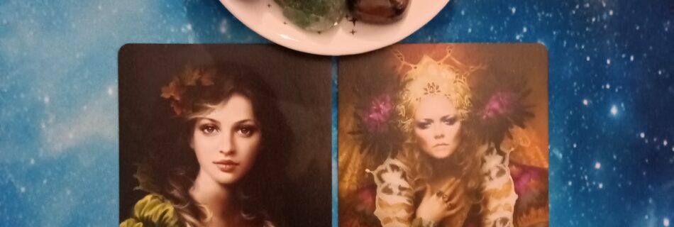 Forgiveness and Compassion ~ A Message From the Universe, Elle Qui Oracle Cards and crystals on a starry blue background
