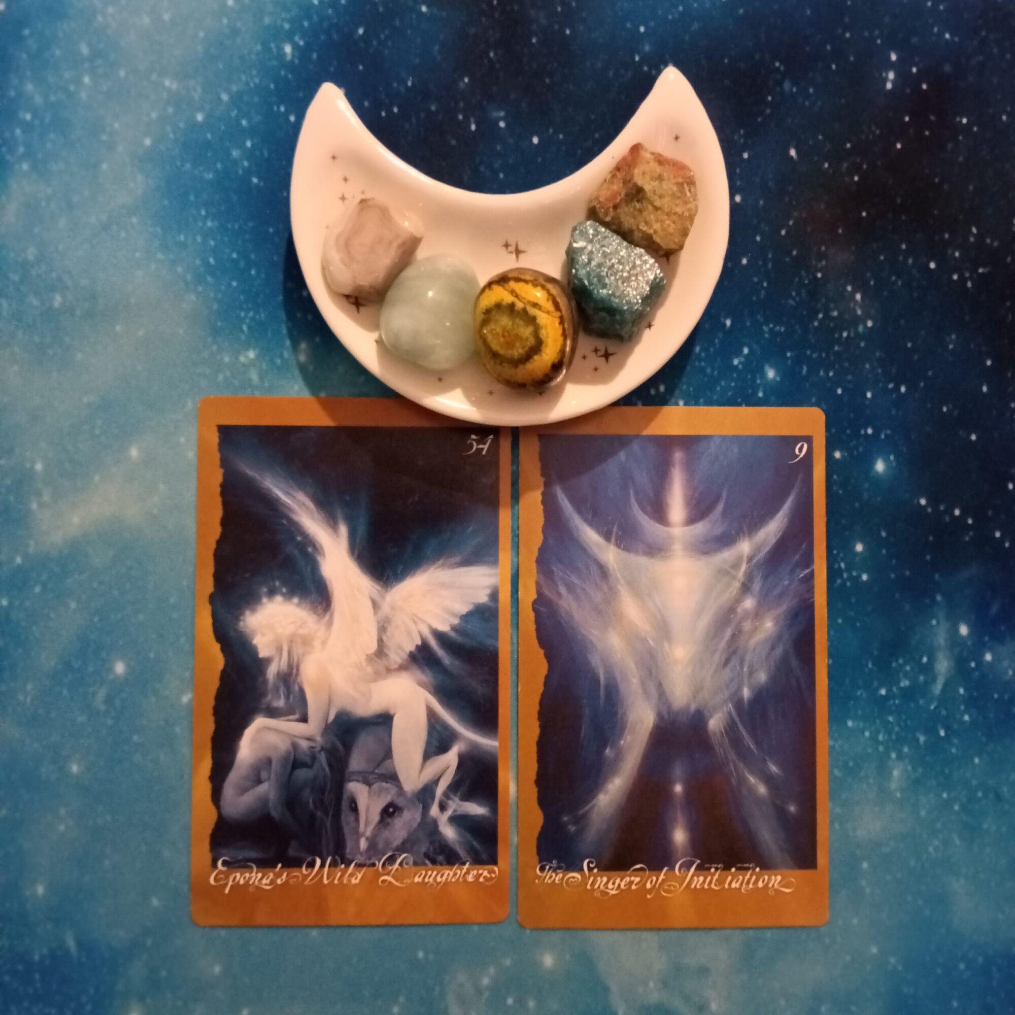 Shadow Work & Finding Yourself ~ A Message From the Universe, 2 Faeries Oracle Cards and crystals on a starry blue background