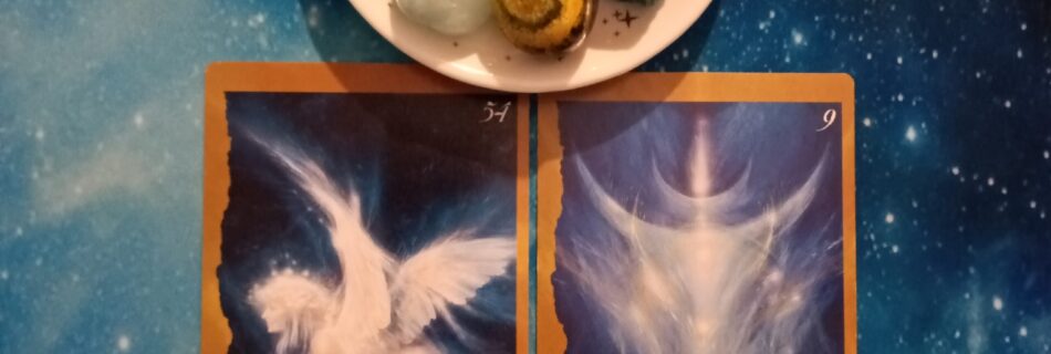 Shadow Work & Finding Yourself ~ A Message From the Universe, 2 Faeries Oracle Cards and crystals on a starry blue background