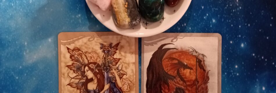 Live and Speak Your Truth ~ A Message From the Universe, For the Love of Dragons Oracle cards, 2 oracle cards and crystals on a starry blue background