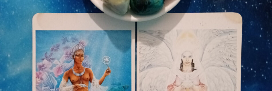 Surrender What You Can't Control: A Message From the Universe, 2 Goddess Oracle cards and crystals on a starry blue background