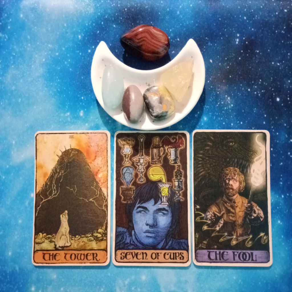 Be the Change You Want To See ~ A Message From the Universe, 3 Game of Thrones Tarot cards and crystals on a starry blue background