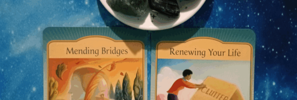 Awakening and Renewal, Here Comes the Sun! A Message From the Universe, 2 Gateway Oracle cards and crystals on a starry blue background