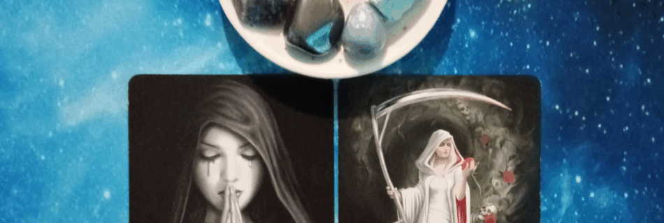 Your Difficulties Are Temporary ~ A Message From the Universe, 2 Anne Stokes Gothic Oracle cards and crystals on a starry blue background
