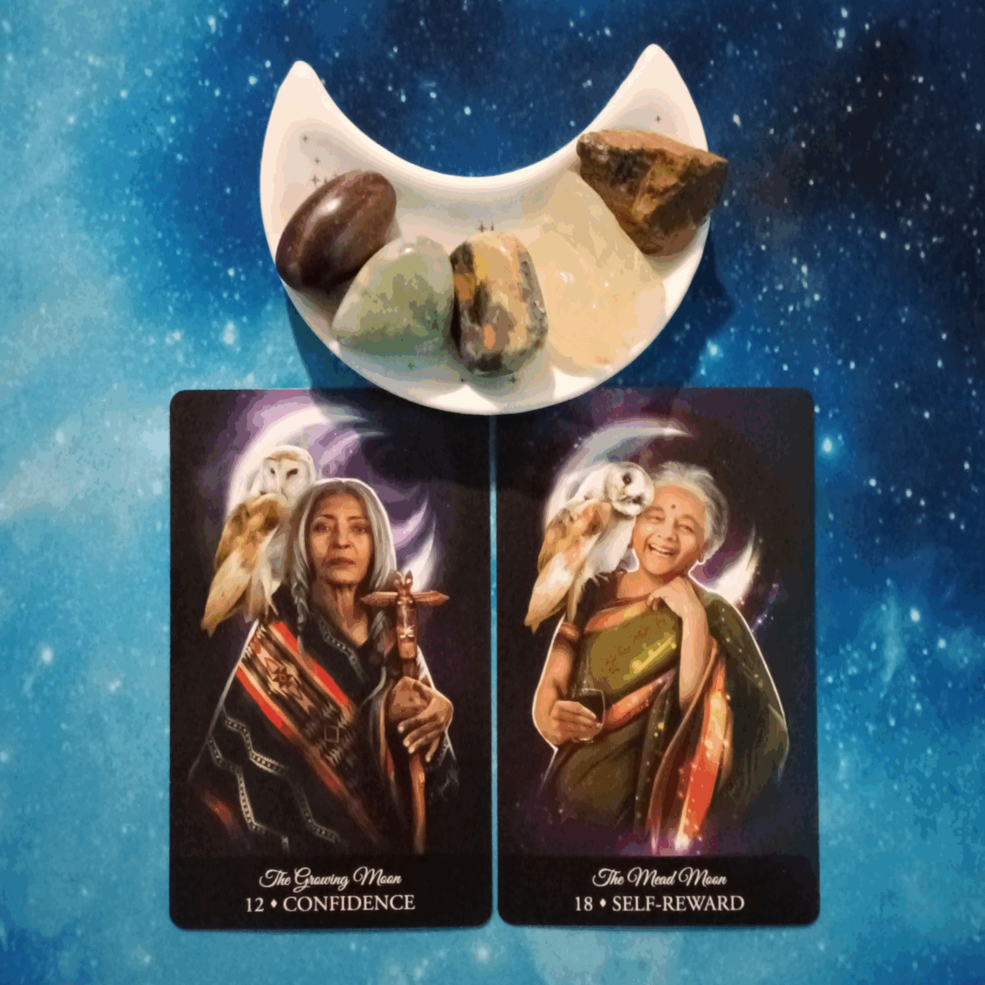 Trust Yourself & Celebrate! ~ A Message From the Universe, 2 Witching Hour Oracle cards and crystals on a starry blue background