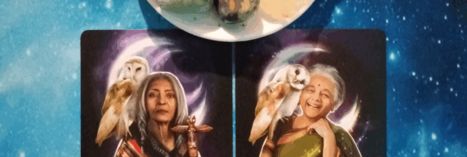 Trust Yourself & Celebrate! ~ A Message From the Universe, 2 Witching Hour Oracle cards and crystals on a starry blue background