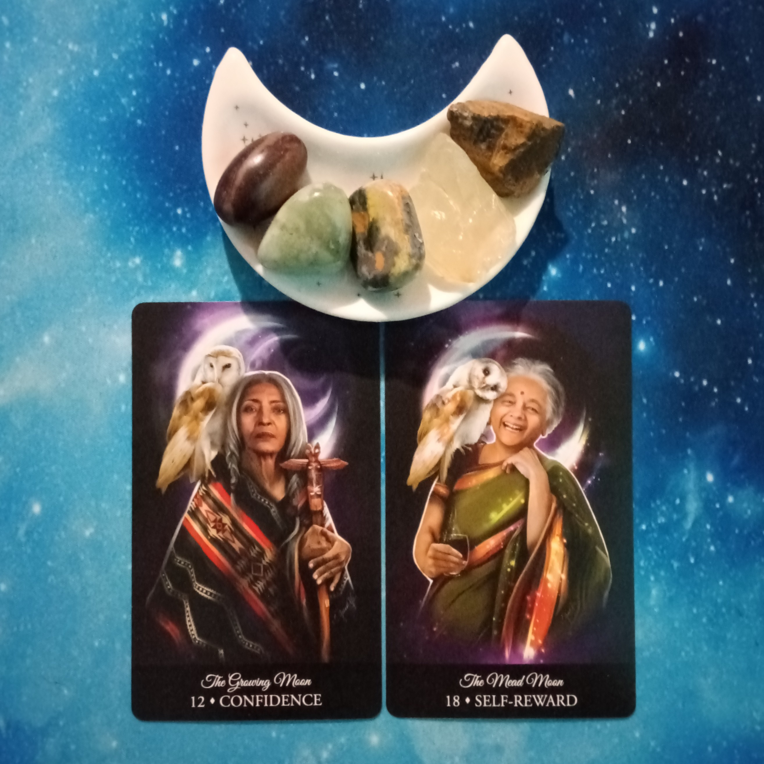 Trust Yourself & Celebrate! ~ A Message From the Universe, 2 Witching Hour Oracle cards and crystals on a starry blue background