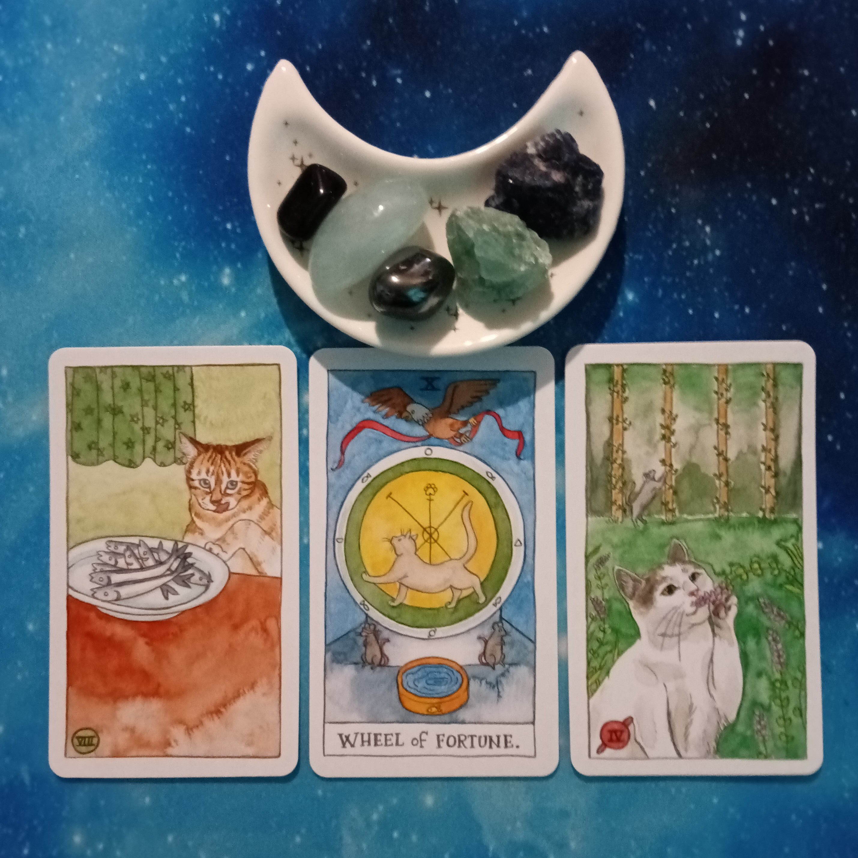 Reward for Your Hard Work ~ a Message From the Universe, 2 Cat Tarot cards and crystals on a starry blue background