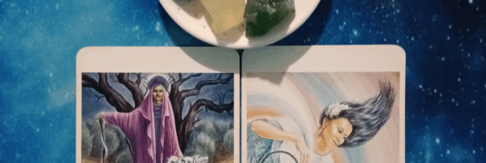 Ride the Wave of Change ~ A Message From the Universe, 2 Goddess Oracle cards and crystals on a starry blue background