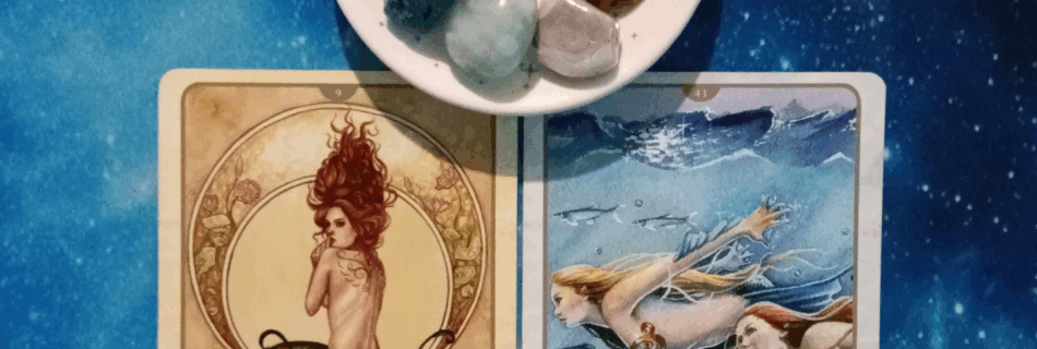 Just Keep Swimming! A Message From the Universe, 2 Faeries Oracle cards and crystals on a starry blue background
