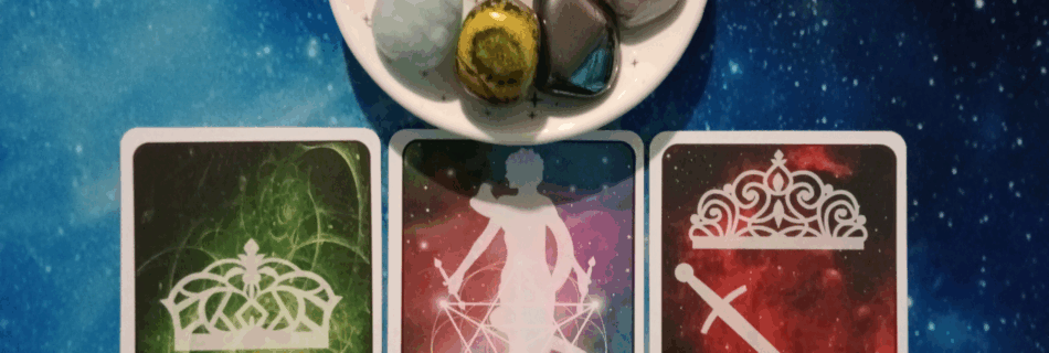 Closing Out A Big Chapter ~ A Message From the Universe, 3 Celestial Tarot cards and crystals on a starry blue background