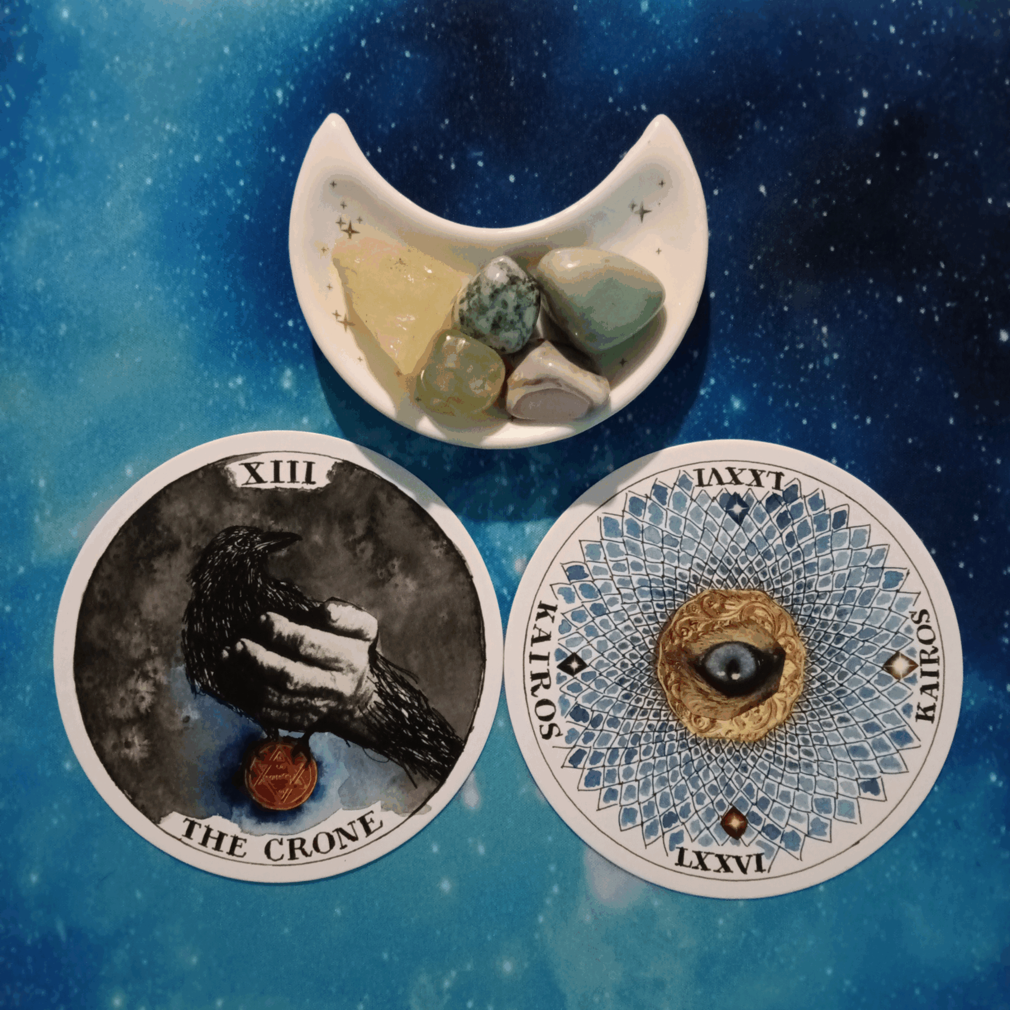 Divine Timing & Abundance ~ A Message From the Universe, two Wild Unknown Archetype cards and crystals on a starry blue background