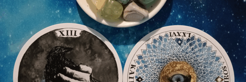 Divine Timing & Abundance ~ A Message From the Universe, two Wild Unknown Archetype cards and crystals on a starry blue background