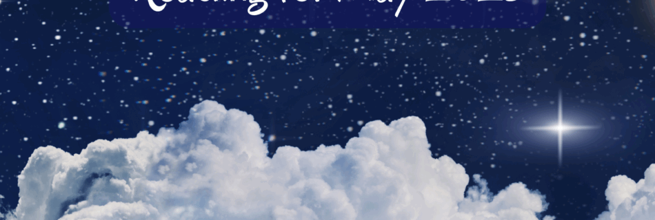 Title on background of starry night sky with puffy clouds