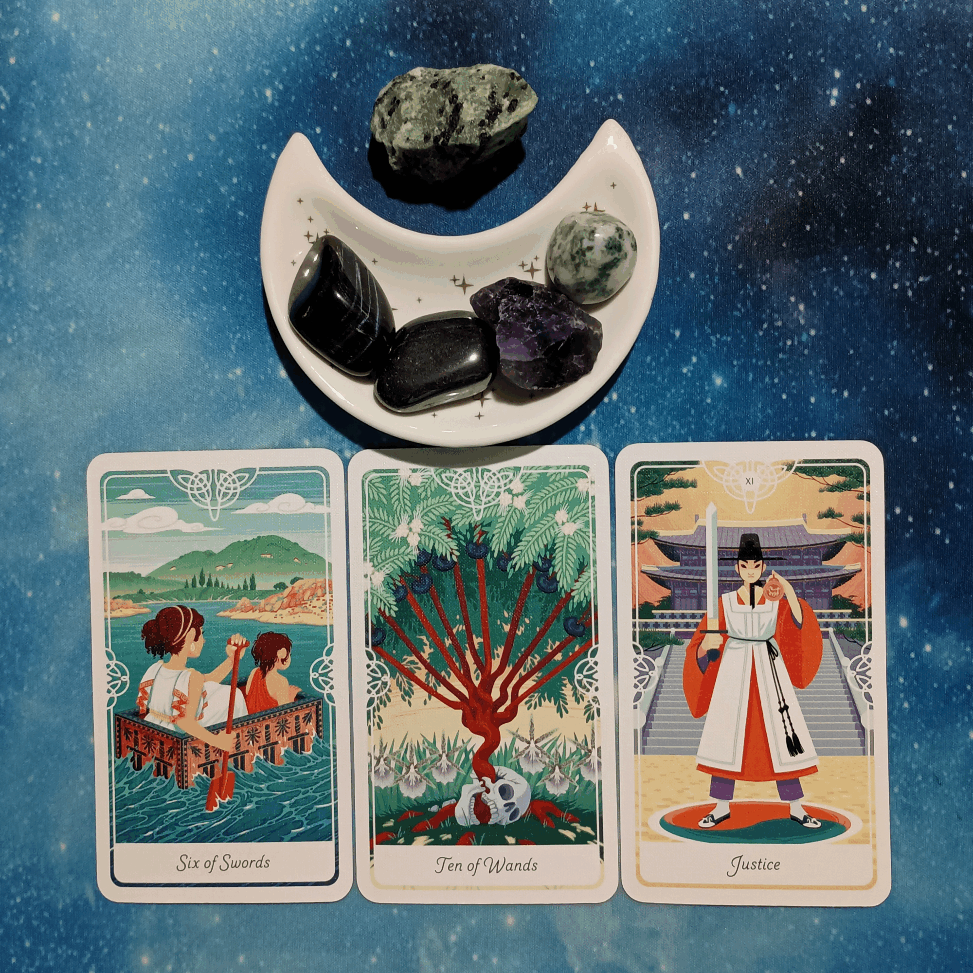 No Man Is an Island ~ A Message From the Universe, Tarot of the Divine cards and crystals on a starry blue background